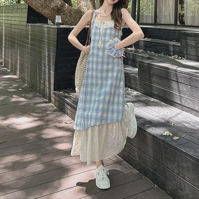 Vestido Midi Camisola de Cuadros con Cordones para Mujer de Primavera con Aspecto de Dos Piezas y Costuras Color Block