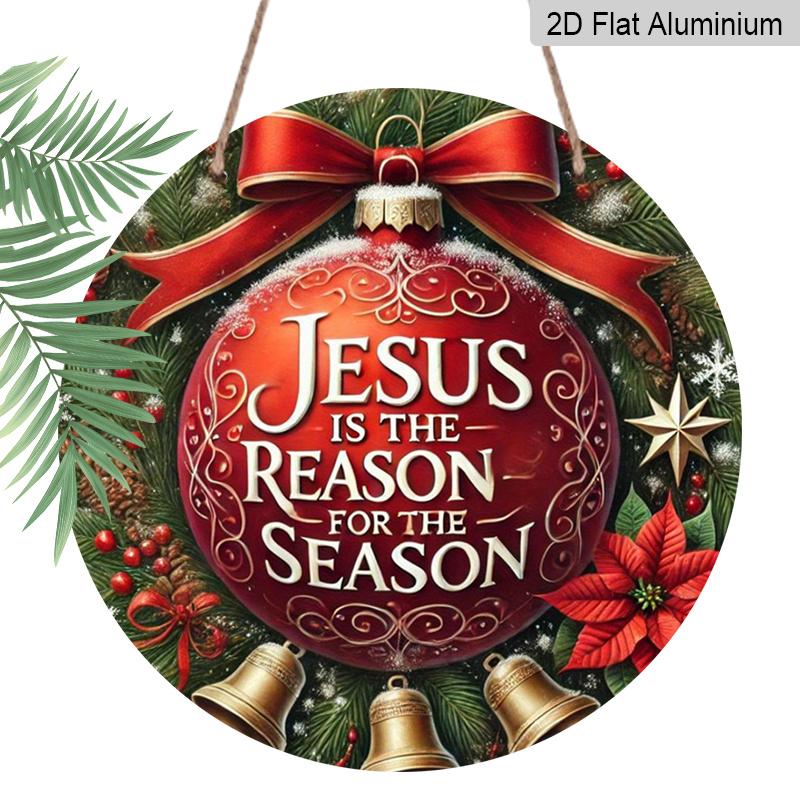 2D Flat, 1pc "Jesus Is the Reason for the Season" Round Aluminum Sign, Holiday Farmhouse Decor, Durable Door and Wall Art, Suitable for Home, Bar