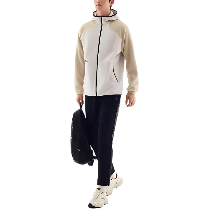Anta Training Series Letter Loose Hooded Zipper Casual Long Sleeve Jacket Men Jackets Mushroom-Gray Plain-Khaki 952447701-1