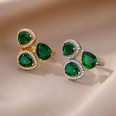 Retro Water Drop Emerald Zircon Ring Women's Waterproof Stainless Steel Exaggerated Light Luxury Jewelry