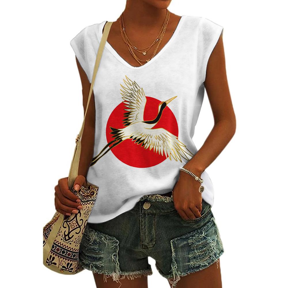 Women's Vest Crane Printed Sleeveless V-neck Tank Tops Female Clothing Fashion Streetwear Basic T-shirts Cap Sleeve Tops S-3XL