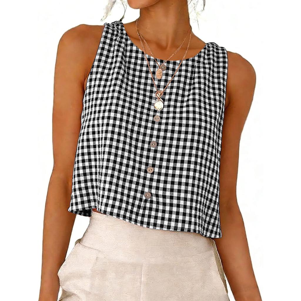 Damska bezrękawnikowa kraciasta luźna bluzka casualowa z okrągłym dekoltem lekki letni top