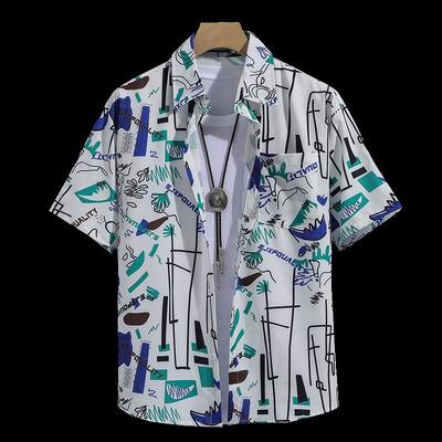 New 2023 Men's Ice Silk Breathable Short-Sleeve Korean Trendy Print Beach Shirt