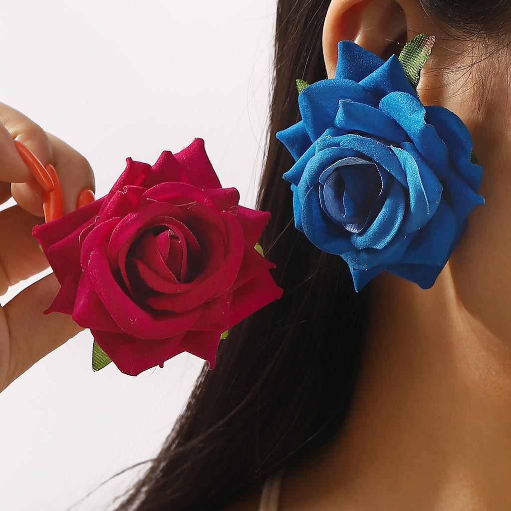 E13845 French Romantic Fabric Rose Earrings, Summer Elegant Sweet Floral Stud Earrings for Women