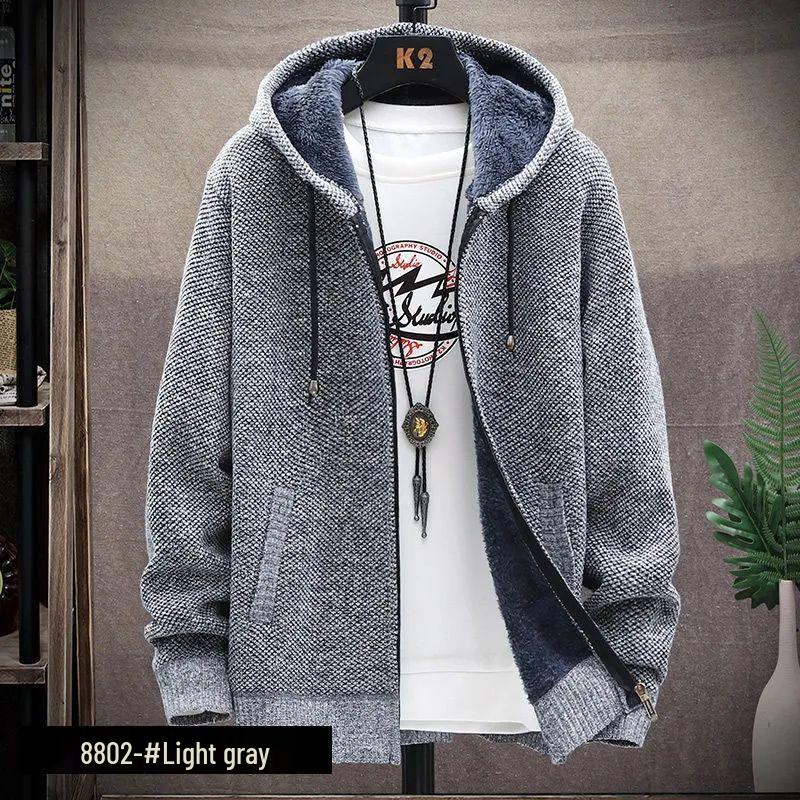 Men's Fleece-Lined Hooded Jacket: Autumn & Winter Warm Knit Cardigan, Loose Fit, Plus Size Sweater