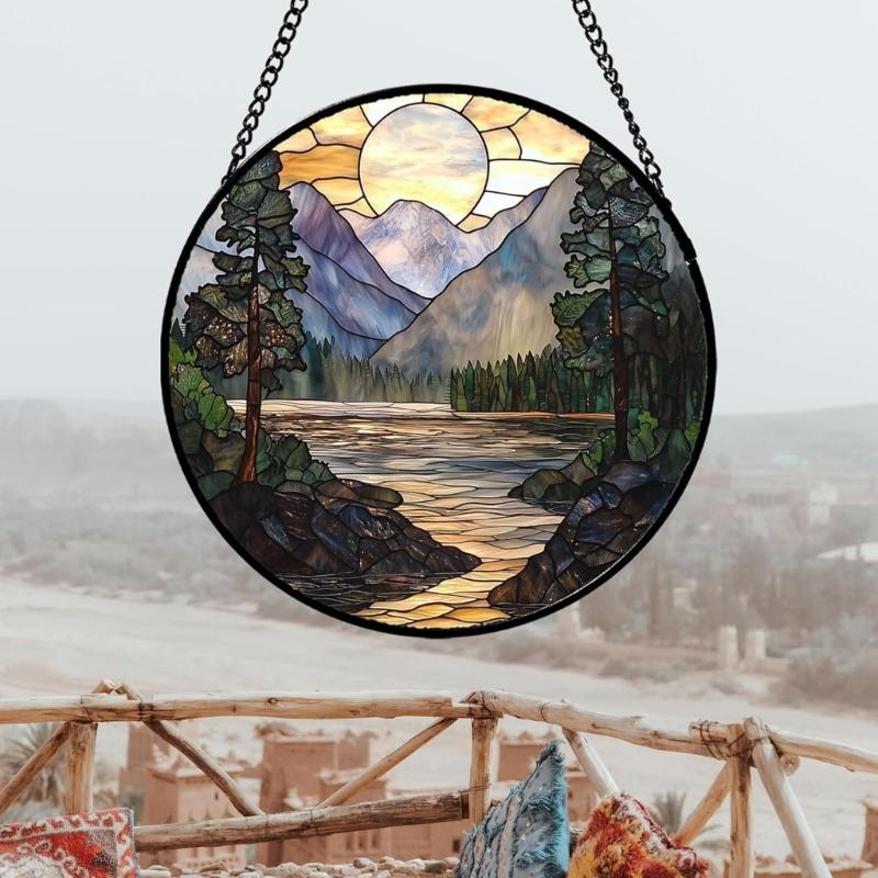 Colorful Acrylic Light Catchers Stained Glass Landscape Suncatchers Ornament for Home Garden Decors and Window Hanging