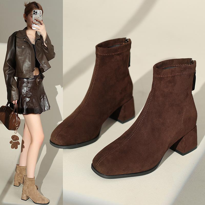 French Suede Velvet Short Boots Autumn and Winter 2025 New Square Head Thin Martin Boots Women's Elastic Thin Boots Thick Heel Boots