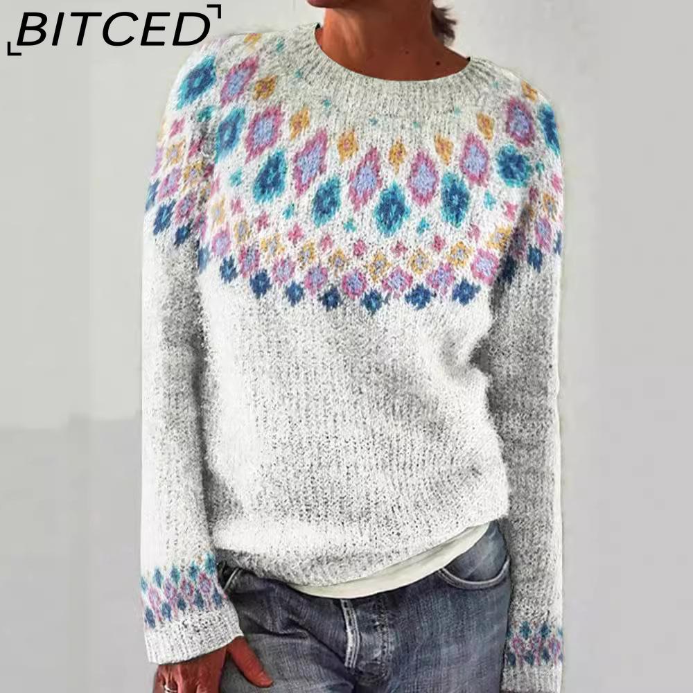 BITCED Women's Sweater - O-Neck Color-Blocked Oversized Fashion Pullover Knit