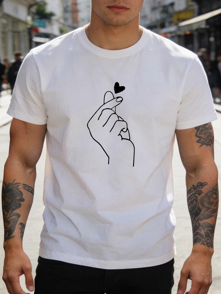 Unisex Cotton Short Sleeve Crew Neck Tee Minimal Finger Heart Sketch RoUnisextic Print Gift For Boyfriend Casual Summer Daily Top
