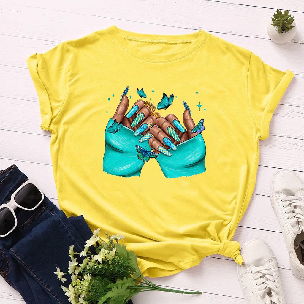 Black Girl Nail Art Pattern Printed T-Shirt Women Retro White Minimalist T-Shirt Summer Round Neck Casual Women'S Shirt Tops