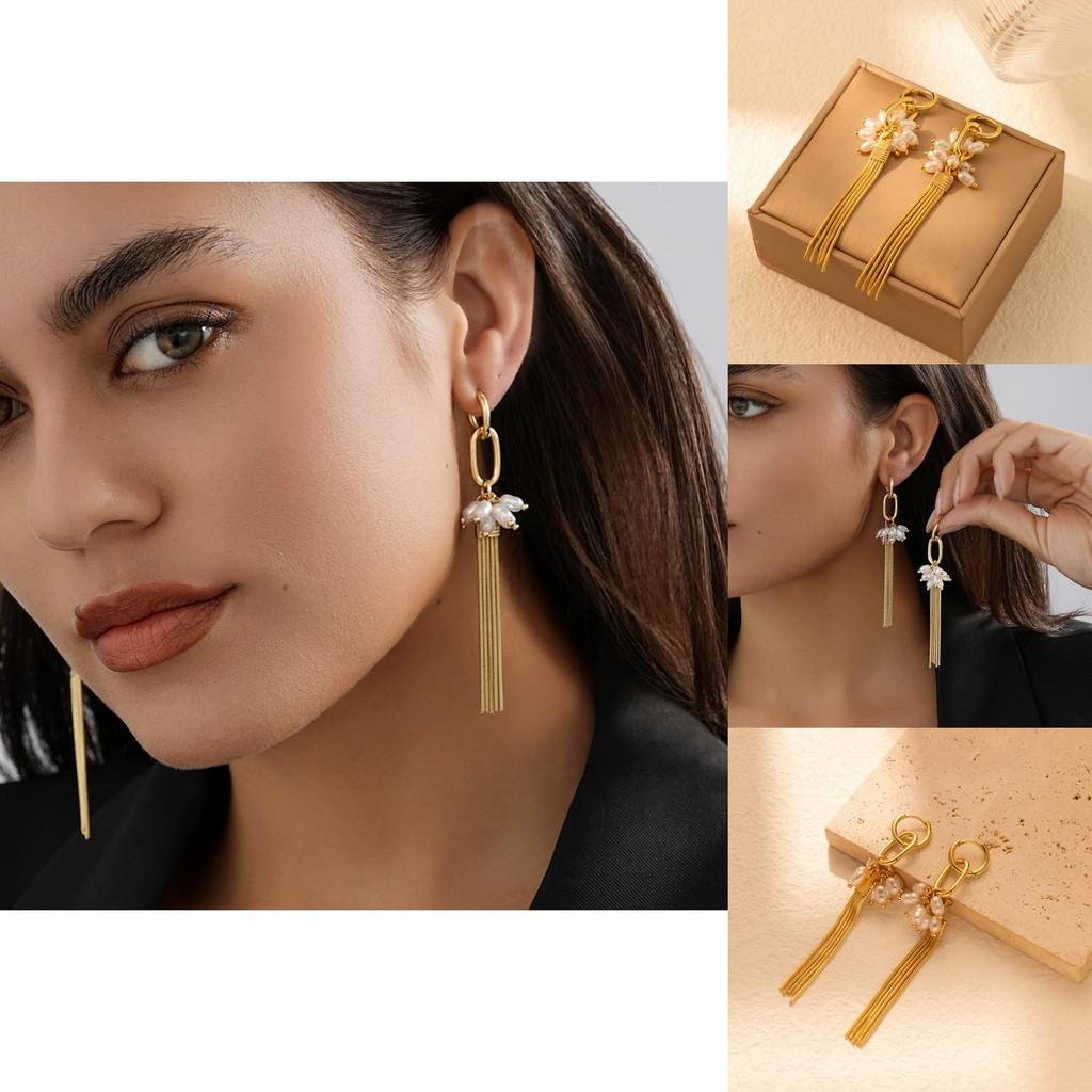 Elegant Long Tassel Pendant Earrings For Women With Faux Pearl Geometric Design