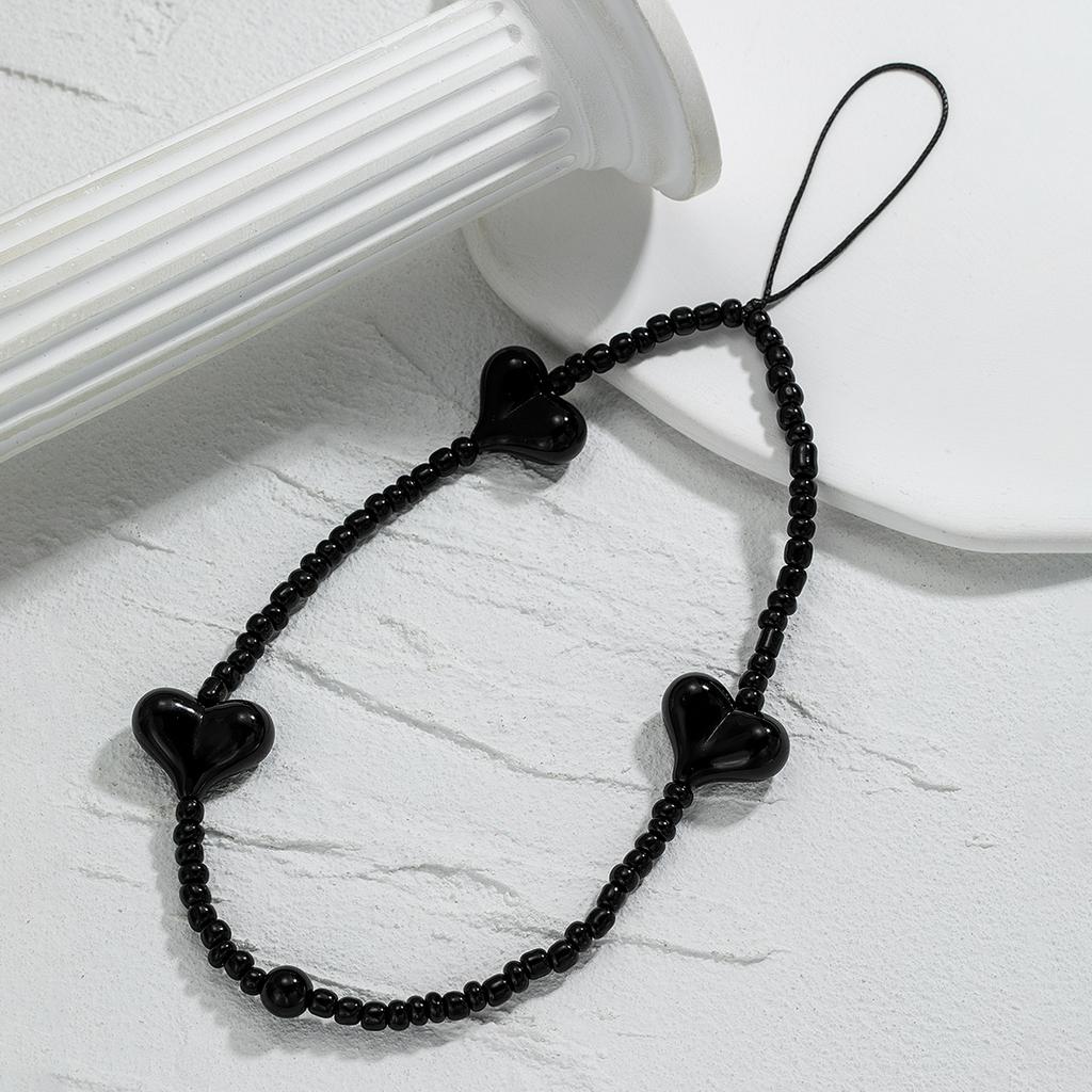 Simple Fashionable Black Peach Heart Beaded Mobile Phone Chain for Men and Women Versatile Fashion Phone Accessories Jewelry