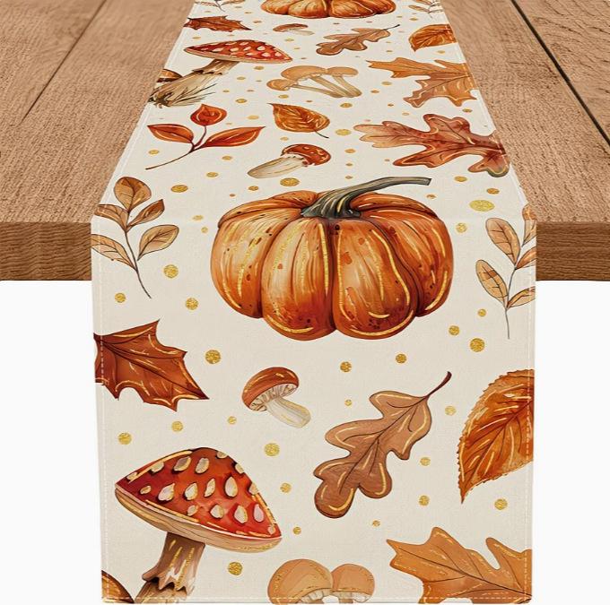 Autumn Leaves Pumpkin Table Runner: Linen Thanksgiving Decoration for Kitchen & Dining