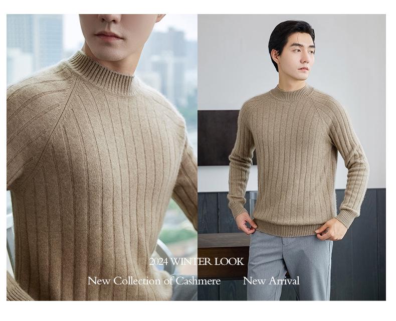 Men's Slim Fit Autumn Cable Knit Pullover Sweater - Korean Style Semi-High Neck Cashmere Shirt