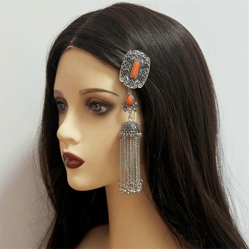 Handmade Mongolian Styles Alloy Tassels Hair Clip Ornament with Vintage Rhinestones Designs for Women Seek Unique Charm