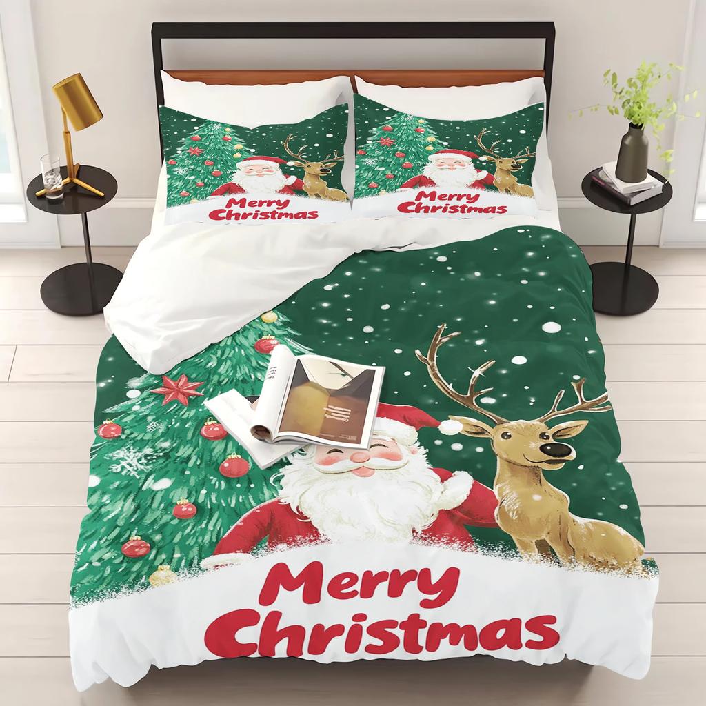 Gingerbread Man Santa Claus  Christmas Tree Reindeer Anime Printed Bedding Set Duvet Cover Queen Cotton Cute Cartoon Quilt Cover