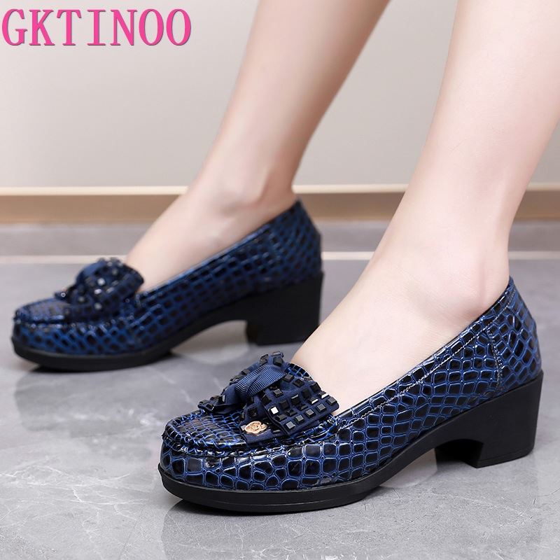 Fashion GKTINOO Spring Autumn Women Pumps Bowknot Slip On Thick Heels Fashion Soft Women Shoes For Mother Patent Leather Footwear