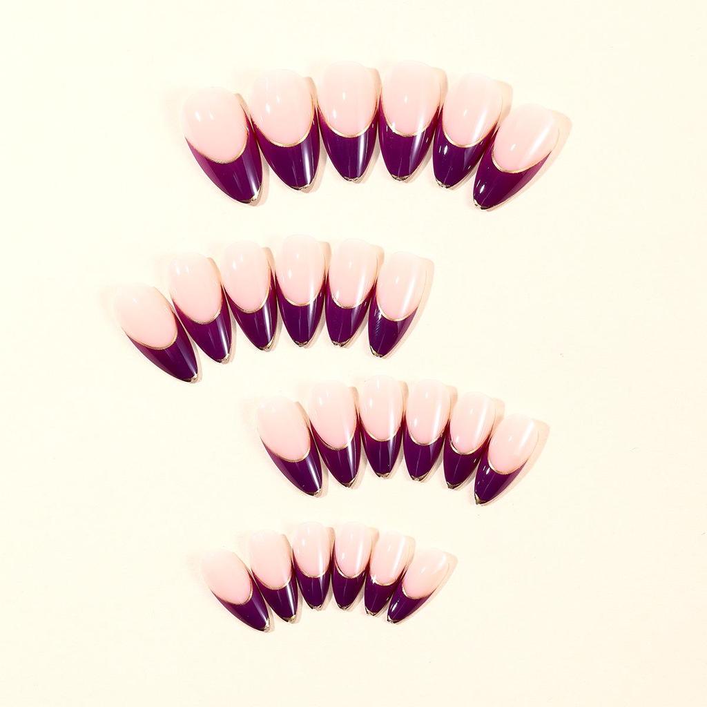 Almond Shape Purple French Tip Wearable Nail Set - High-End, Versatile, European & American Style.