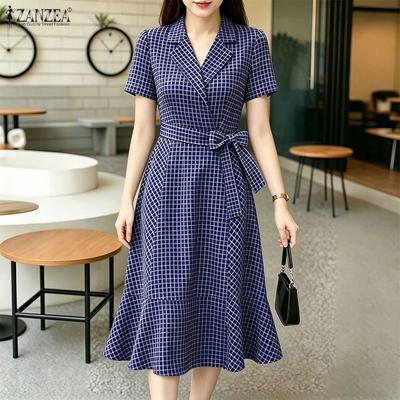 Women Plaid Print Commut Casual Turn Down Collar Short Sleeve Dress
