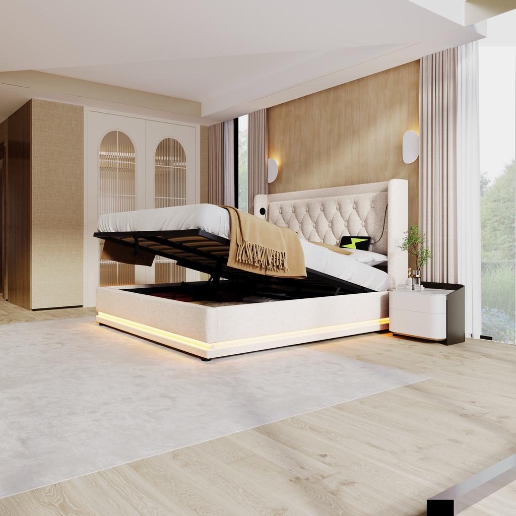 Upholstered double bed 160*200 cm, beige cotton hydraulic storage bed, headboard with USB Type-C charging, 3-sided LED (mattress not included)
