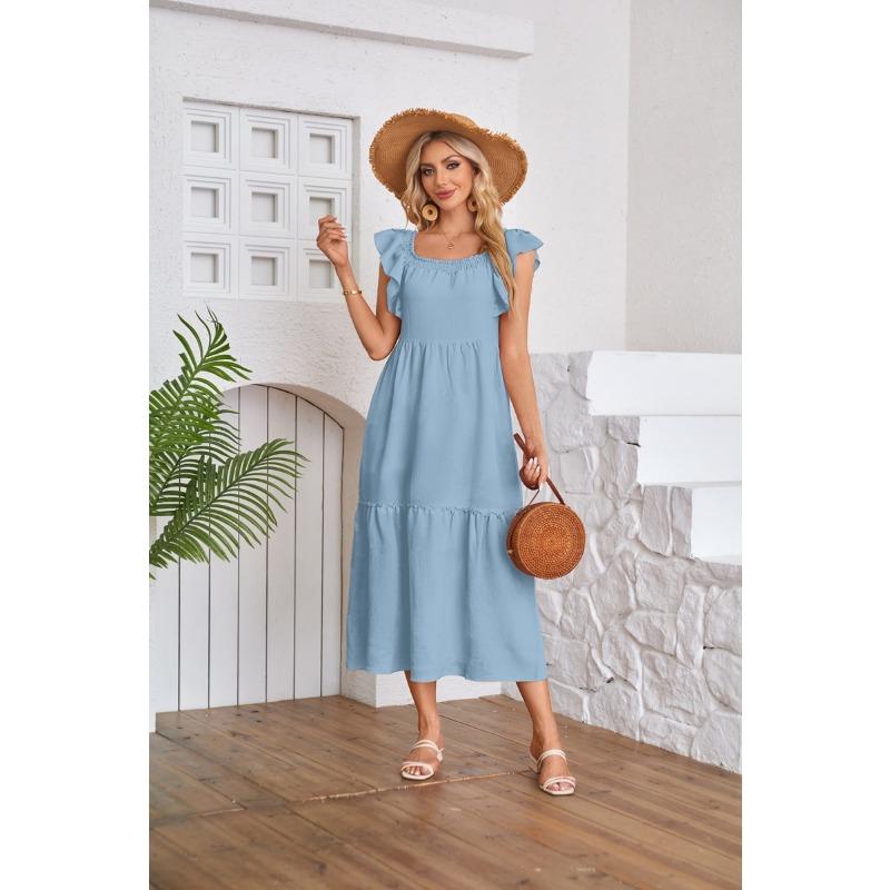 

Модное женское платье с развевающимися рукавами и рюшами, новые летние свободные элегантные повседневные платья с квадратным вырезом, женские трапециевидные однотонные вечерние женские платья 1074 XL светло-синий