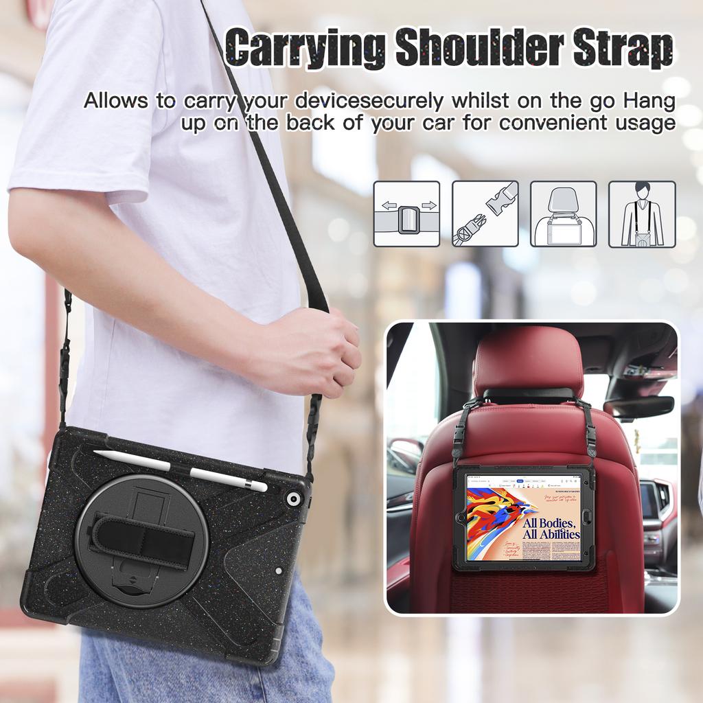 360 Rotating Stand Case For iPad 10.2" 2019 2020 2021 7th 8th 9th Generation Hybrid Cover With Pen Holder,Hand & Shoulder Strap