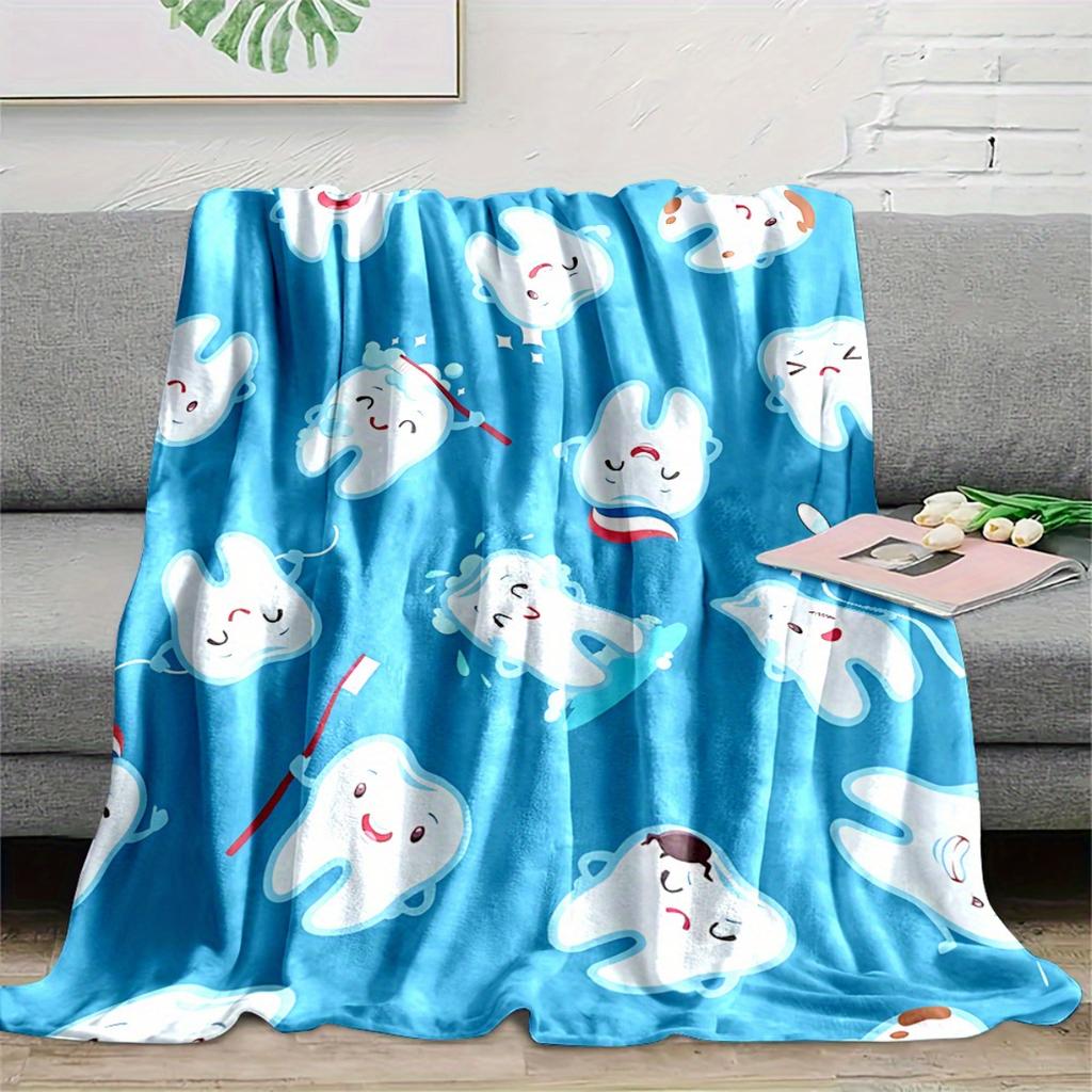 Ocean Theme Cartoon Teeth Print Flannel Blanket - For Bed, Sofa, Office, Travel, Gift, Decoration, Chair, Cozy And Warm