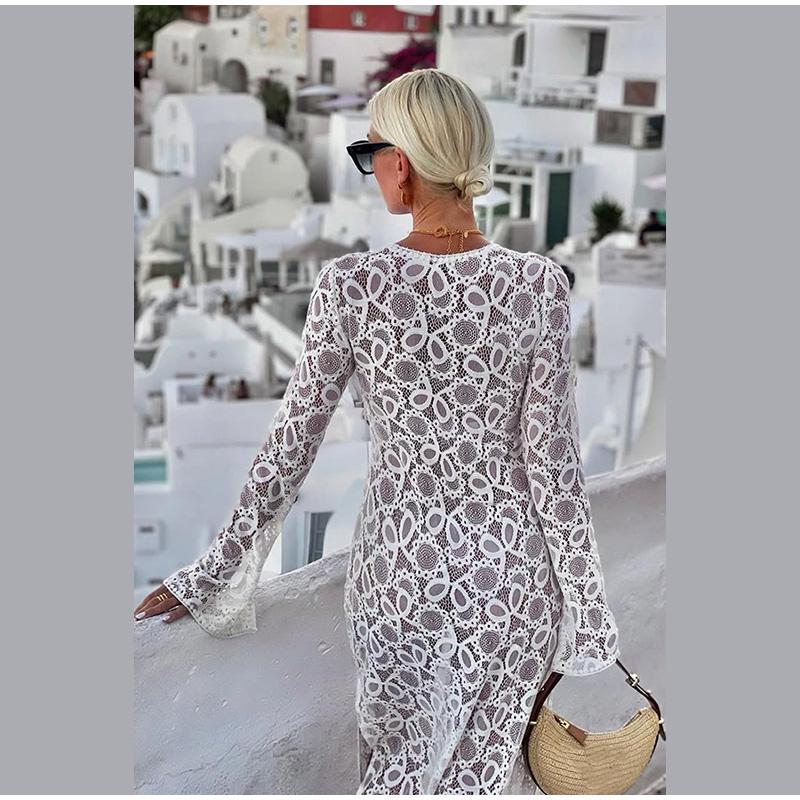 Elegant See Through Split Dress Women White Lace Up Deep V-neck Long Sleeve Female Dresses Loose Lady Dress