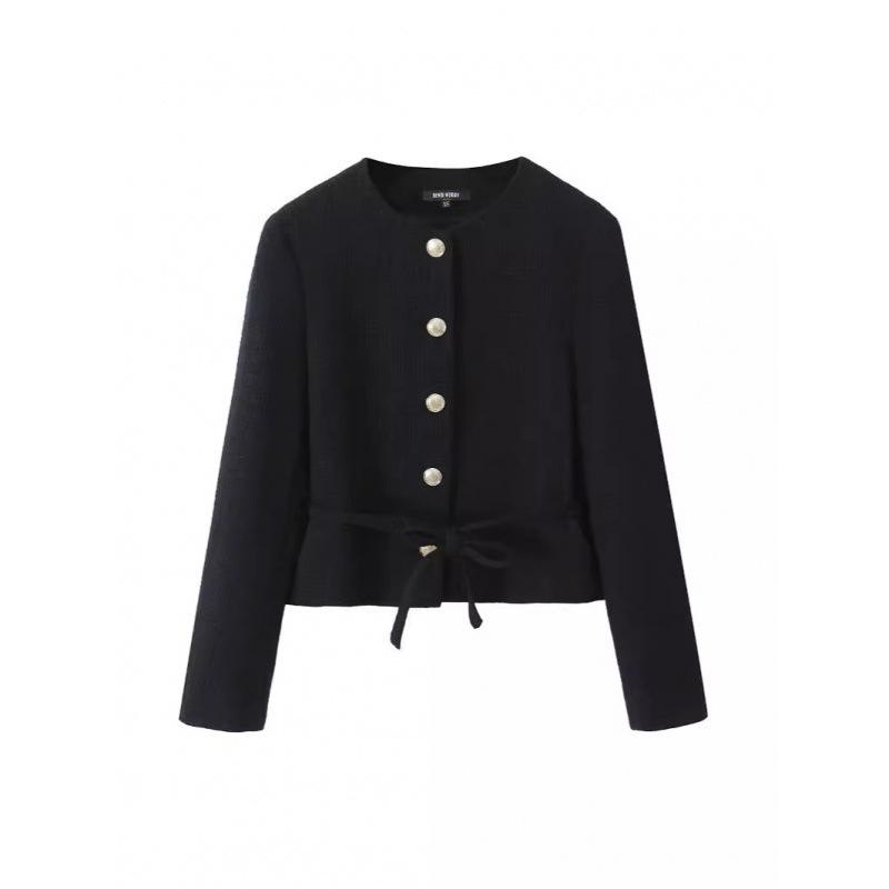 

Autumn Women s Versatile Solid Color Belted Long Sleeve Round Neck Suit Jacket Large чорний