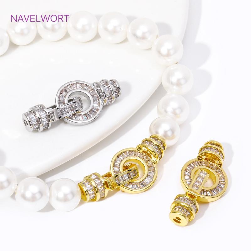 Shiny 18K Gold Plated Brass Zircon Connections Clasps Round Pearl Clasps Fasteners For DIY Bracelet Necklace Making Accessories