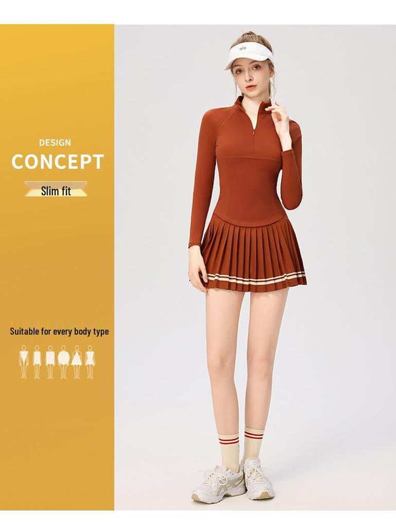 Women's Slim Fit College Style Tennis Set: Long Sleeve Top & Striped Pleated Skirt