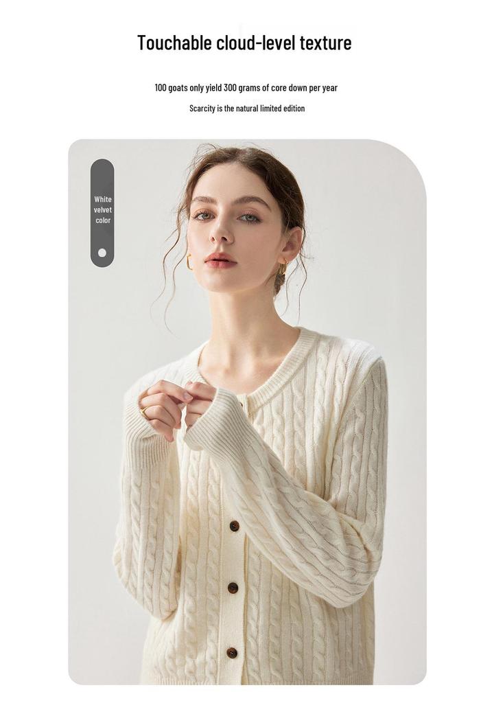 Elegant Twisted Cable Cashmere Cardigan - 2026 Autumn/Winter Women's Round Neck Thick Base Layer, Loose yet Slimming Outerwear