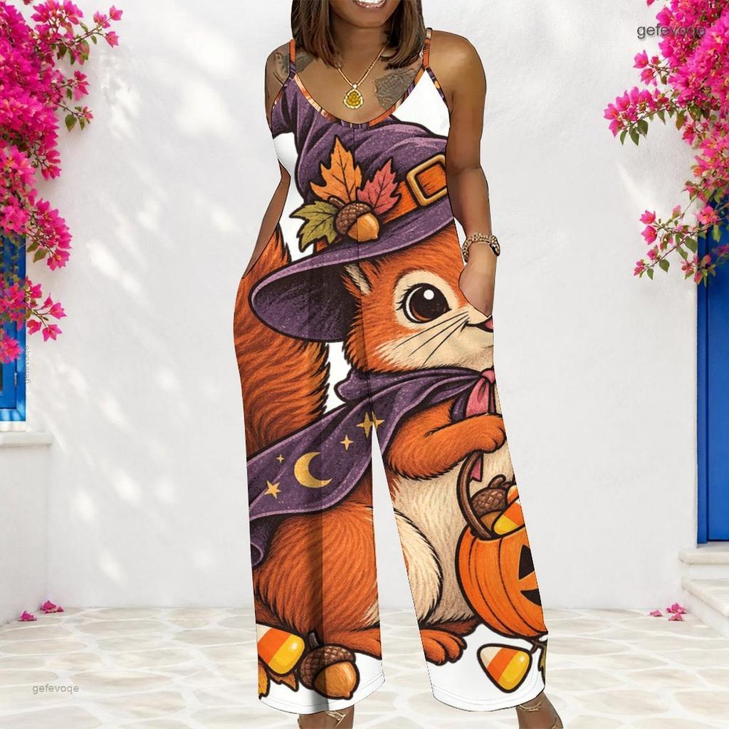 Women Spaghetti Strap Jumpsuit Fun Back To School Book Crayon Star Print Wide Leg Pants With Pockets