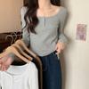 2024 Autumn Square Neck Long Sleeve T-shirt Women's Slim Fit Irregular Design Chic Short High Waist Top