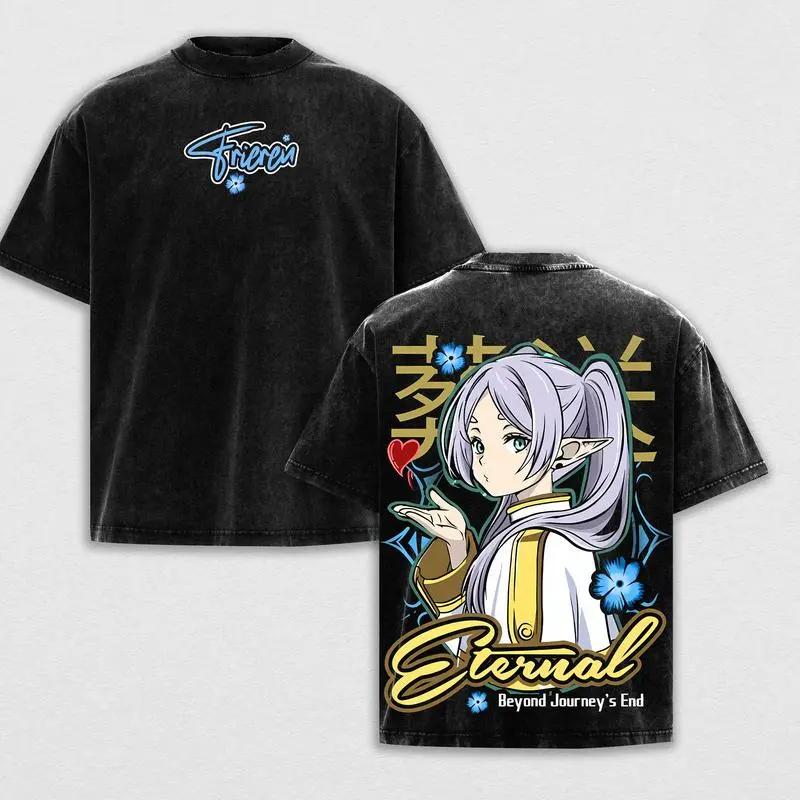Gothic Yk Frieren Beyond Journeys End Tshirt Anime Washed Oversized T Shirt Men Women Clothing High Quality Cotton Tee Tops