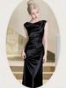 Haute Couture French Satin Draped Neck Resort Wedding Evening Gown for Women