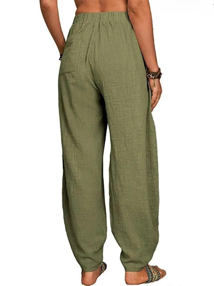 Summer Casual Women's Cotton Linen Elastic Waist Wide Leg Retro Harem Pants Large Size Home Pants
