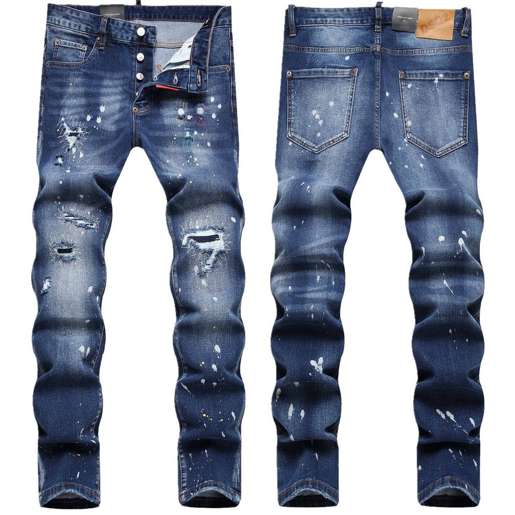 New Men's Jeans With Holes Fashionable Trend Paint Peeling Slim Fit Small Feet Mid Waist Pants