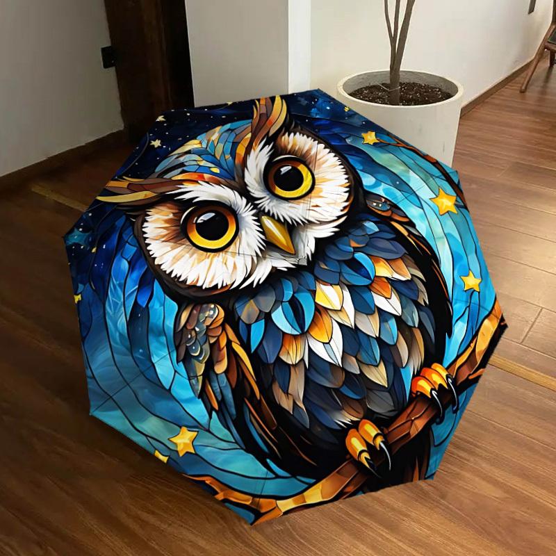 1PC Night Owl Automatic Folding Umbrella - Compact 8-Rib Design, Durable Plastic & Iron, Lightweight for Outdoor Daily Use, Festive Gift085