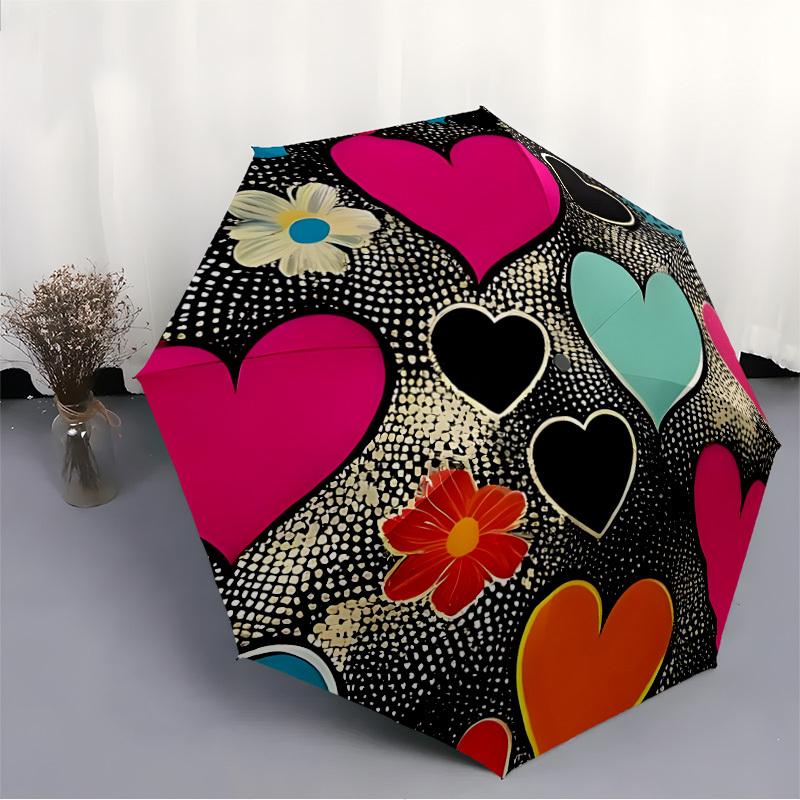 1pc Heart Flowers Automatic Open/Close Umbrella, Portable Folding Umbrella, Compact Travel Umbrella For145