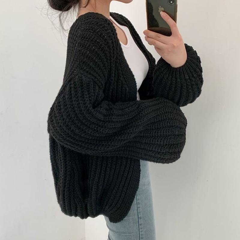 Fall  V-neck Shawl Lantern Sleeve Women Cardigan Sweater Casual Korean Streetwear Tops Coat Chic Lazy Wind Sweater