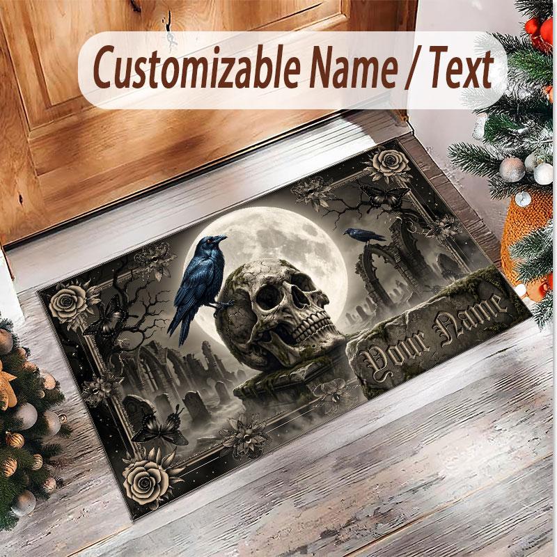 Tappeto Morbido in Velluto di Cristallo Tema Gotico Teschio Stampa Personalizzata Nome e Testo Tappeto Antiscivolo per Camera da Letto Soggiorno