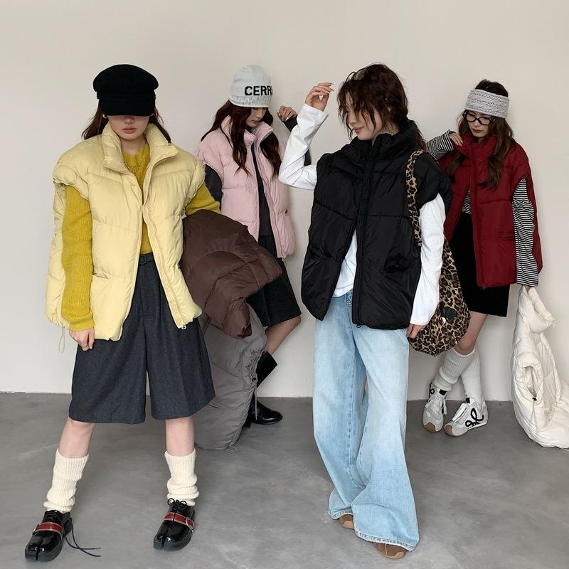New Women's Clothing Solid Color Zipper Pocket Cotton Clothes Vest Fashion Stand-up Collar Temperament Commuter Jacket