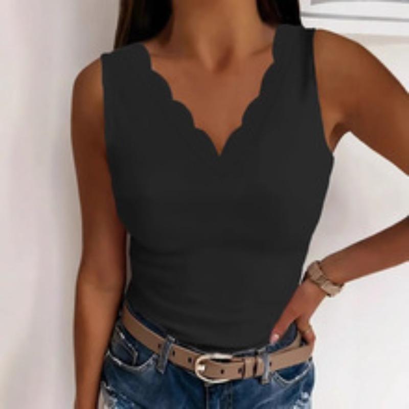 women's Scalloped Edge V Neck Solid Color Sleeveless Slim Fit Tank Top Casual Camisole