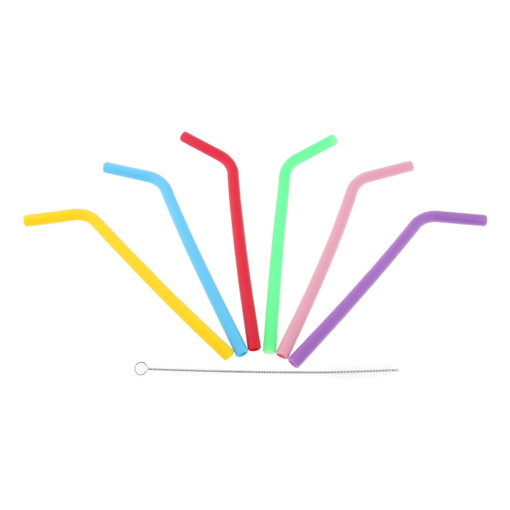 6 Pieces Of Silicone Colored Tea Drinking Straws With Cleaning Brush In The