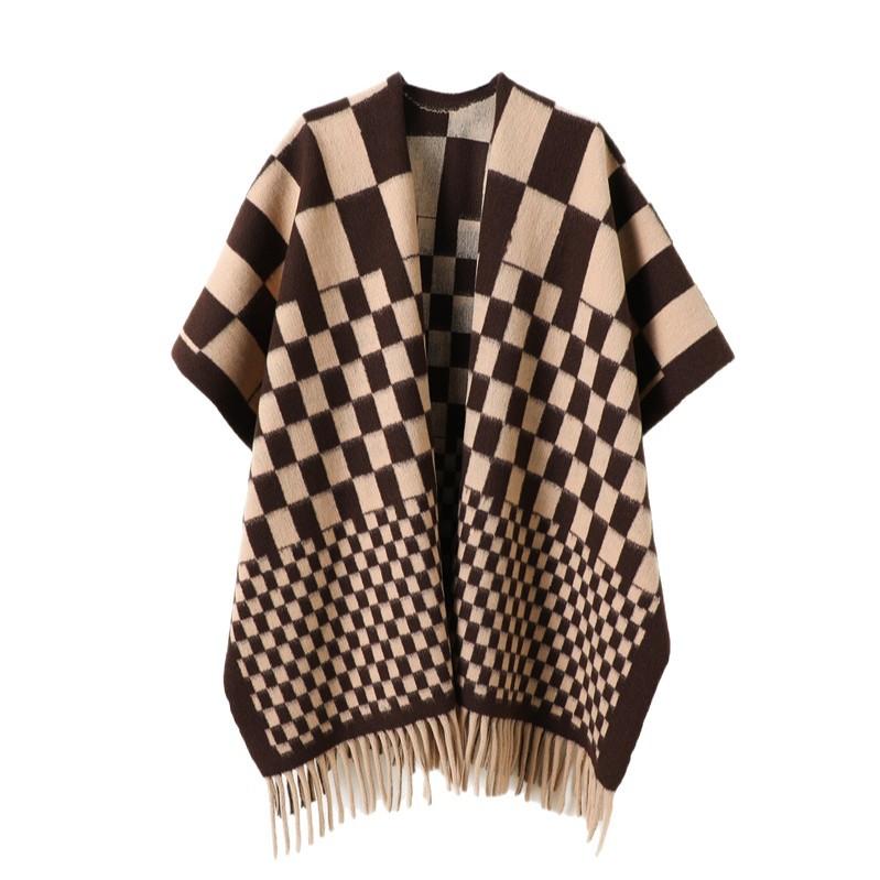 Retro Checkerboard Plaid Autumn And Winter Men'S And Women'S Double-Sided Shawls With Imitation Cashmere High-End Warm Fringed Scarf Cape