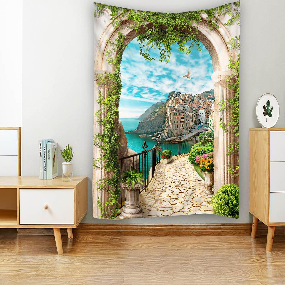 Home Decoration Tapestry Wall-Mounted Retro Landscape Printed Fabric Background Cloth Bohemian Aesthetic Room Decoration