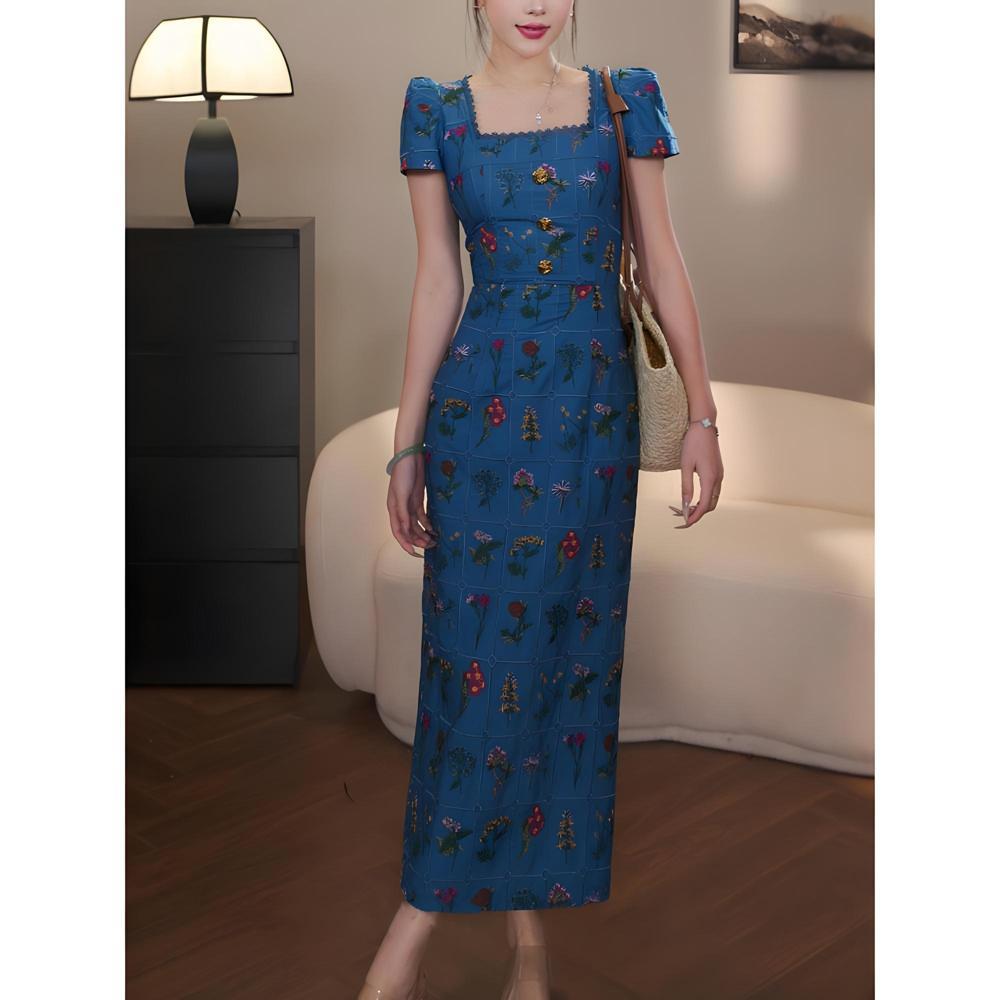 

Высококлассное модное платье до колен с вышивкой в стиле тяжелой промышленности, женственное, с завышенной талией, стройнящее, скрывающее недостатки фигуры XL- (recommended 110-60kg)