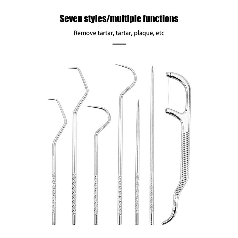 Dental Teeth Pick 7 Pack Stainless Steel Toothpick Kit Dental Tools Tooth Stains Remover Dental Floss Ficks Teeth Cleaning Tools