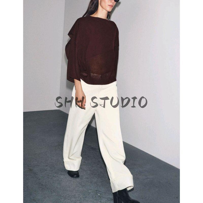 Autumn New Women's Clothing Asymmetric Collar Wide Sleeve Design Plain Stitch Layer Drape Long Sleeves Tops 3456104